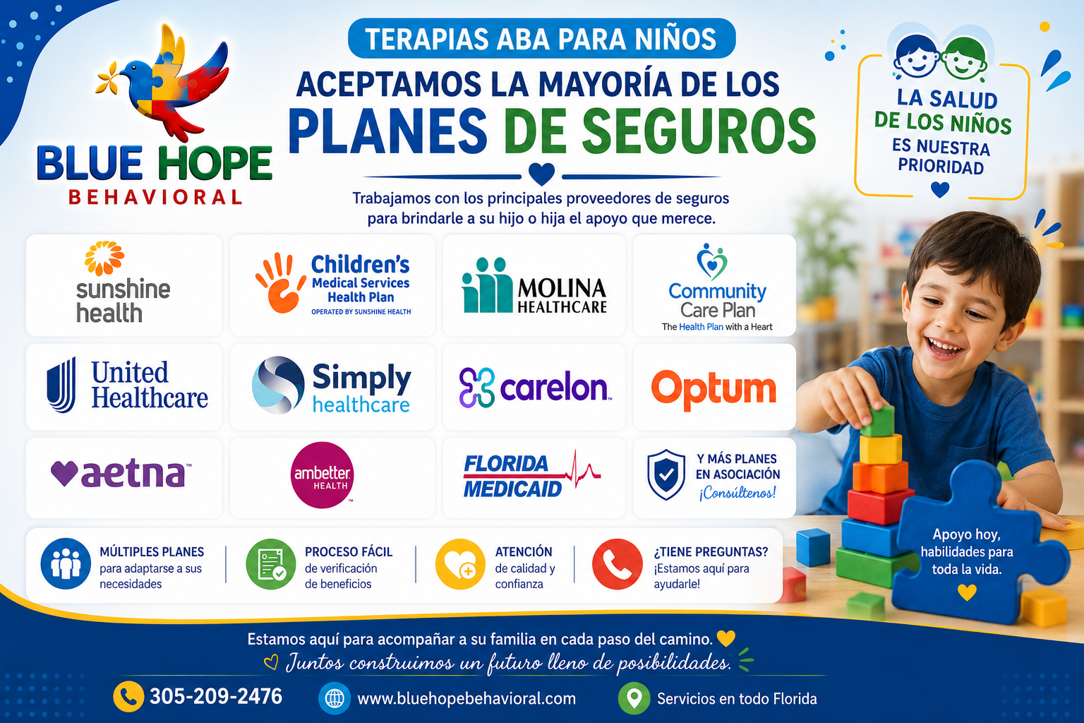 Blue Hope Behavioral accepts many insurance plans, including Sunshine Health, Children's Medical Services Health Plan, Molina Healthcare, Community Care Plan, UnitedHealthcare, Simply Healthcare, Carelon, Optum, Aetna, Ambetter Health, Florida Medicaid, and additional associated plans.